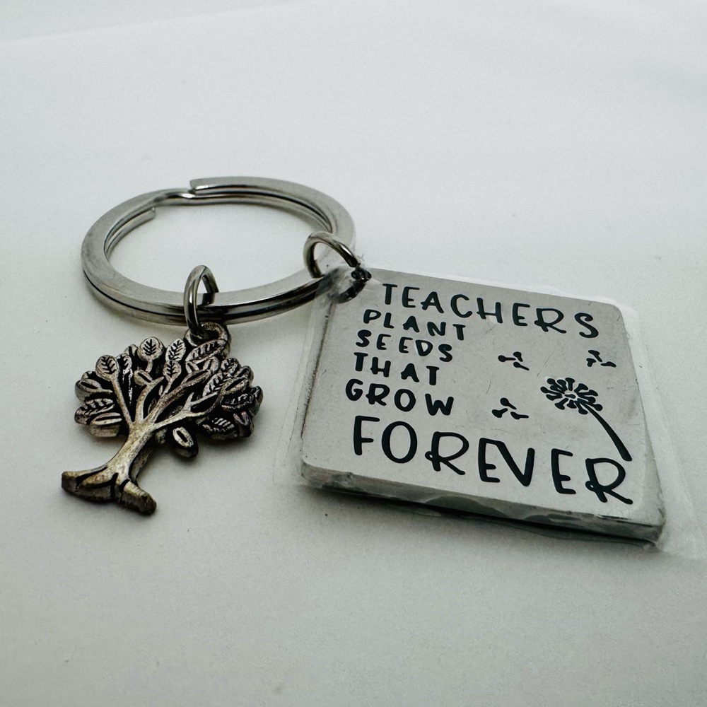 New Teacher Keychain - Silver Tree & Inspirational Square Charm